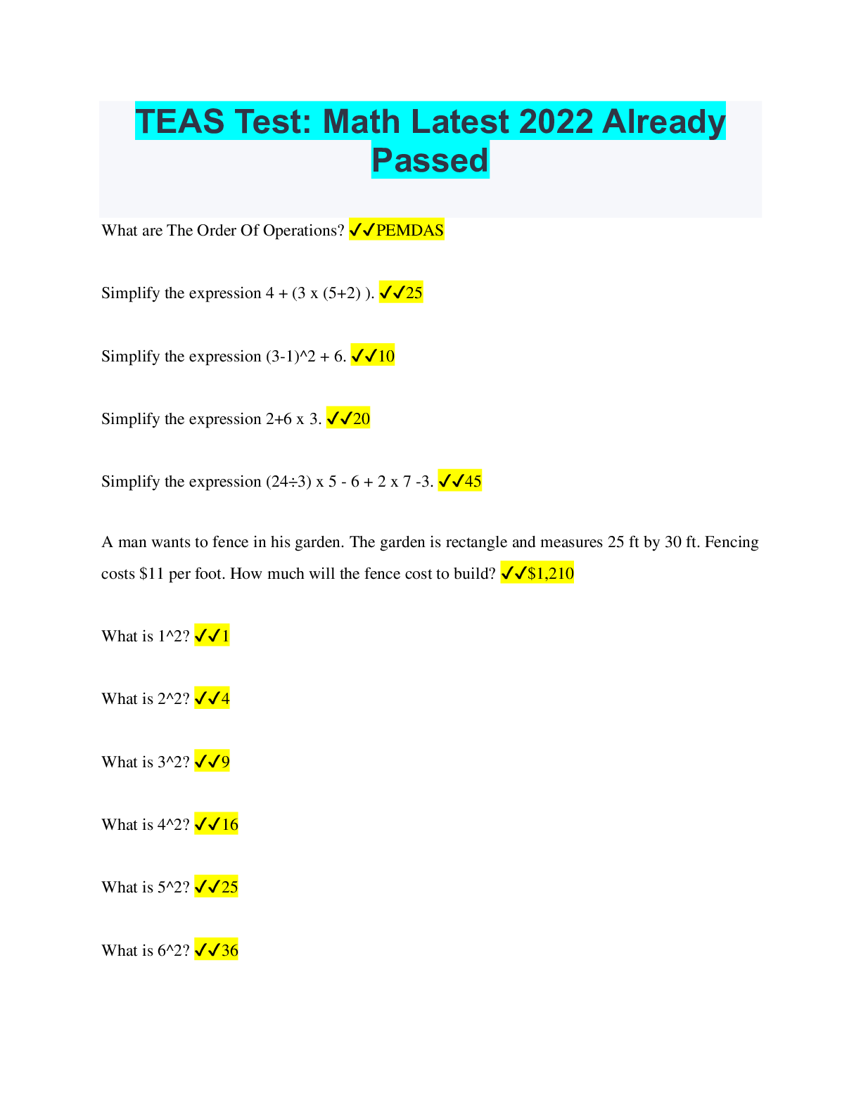 Preview image of ATI teas math 2021/2022 with Verified Solutions document